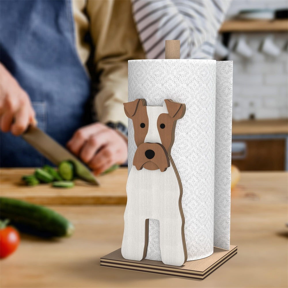 Wire Fox Terrier Wooden Dog Paper Towel Holder displayed on a kitchen countertop with a freestanding paper towel roll