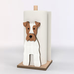 Wire Fox Terrier Wooden Dog Paper Towel Holder displayed on a kitchen countertop with a freestanding paper towel roll