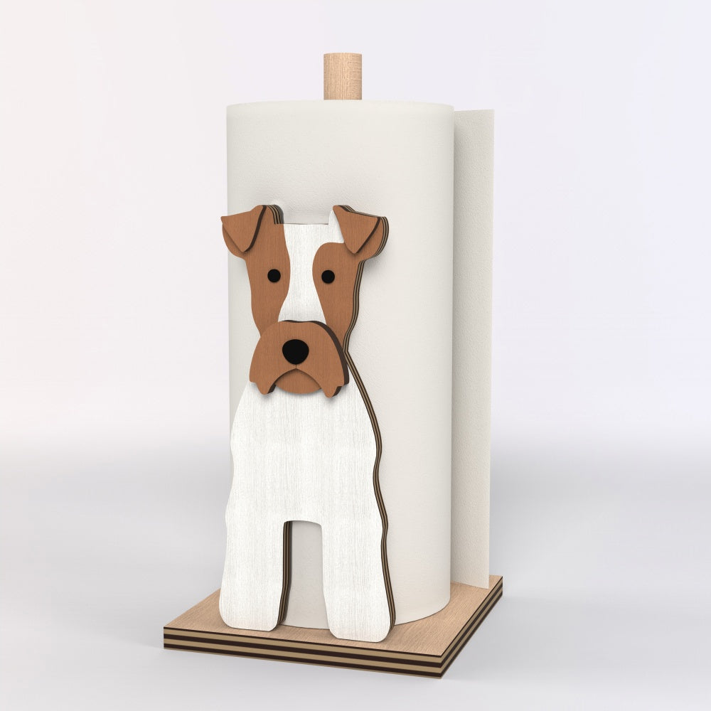 Wire Fox Terrier Wooden Dog Paper Towel Holder displayed on a kitchen countertop with a freestanding paper towel roll