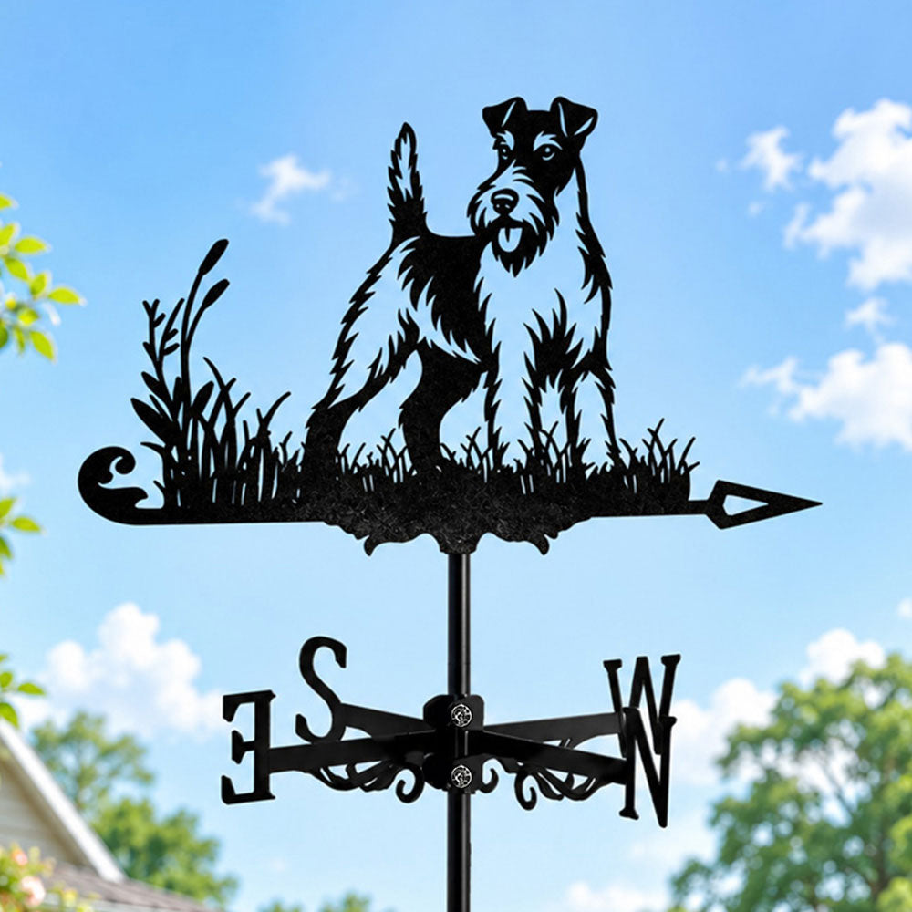 Wire fox terrier metal weather vane with directional arrows and mounting rod, outdoor roof and garden decoration