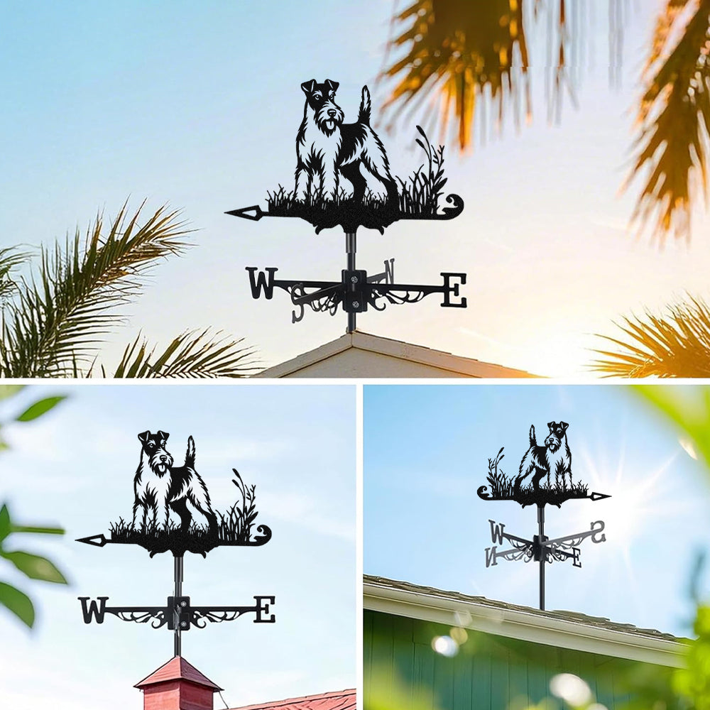 Wire fox terrier metal weather vane with directional arrows and mounting rod, outdoor roof and garden decoration