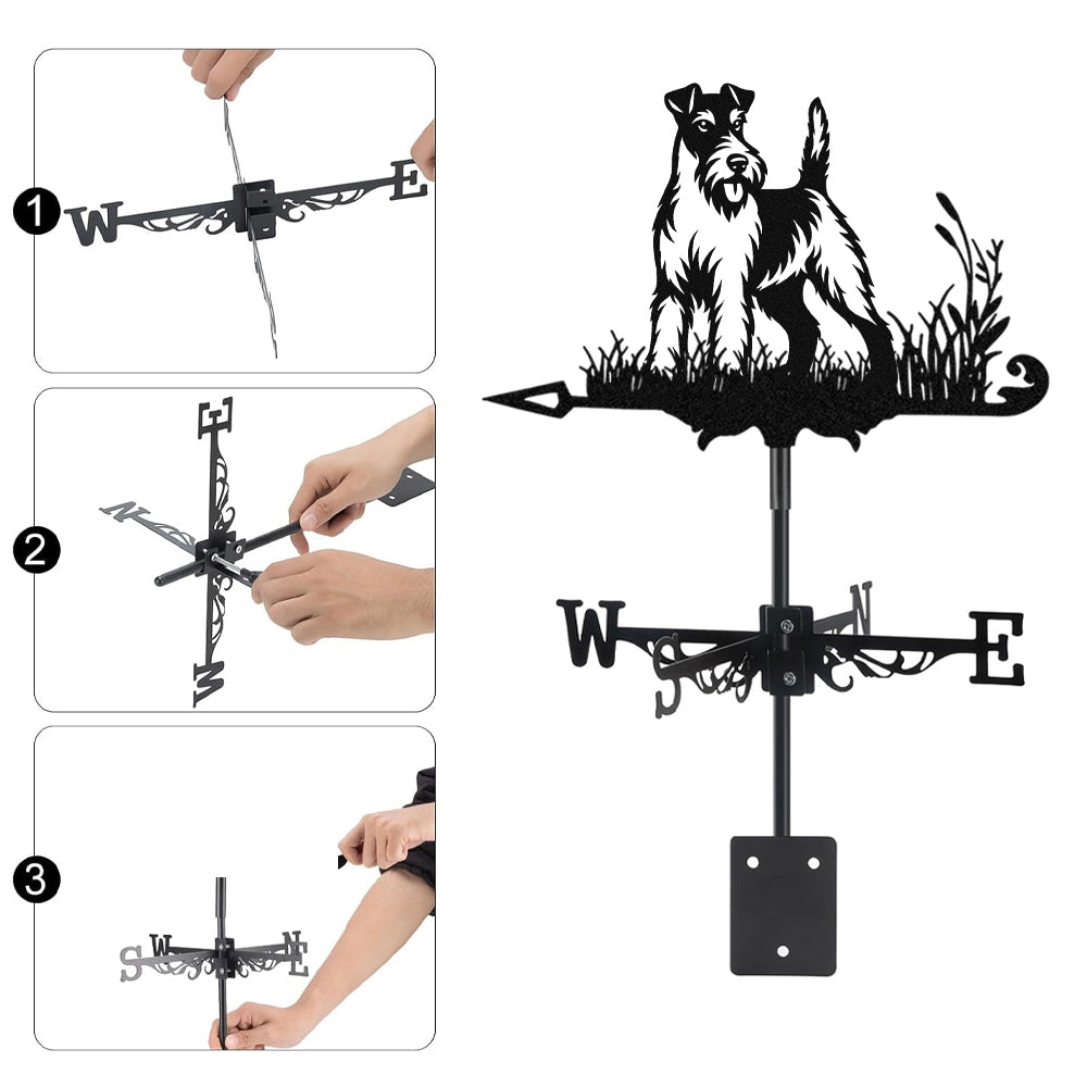 Wire fox terrier metal weather vane with directional arrows and mounting rod, outdoor roof and garden decoration
