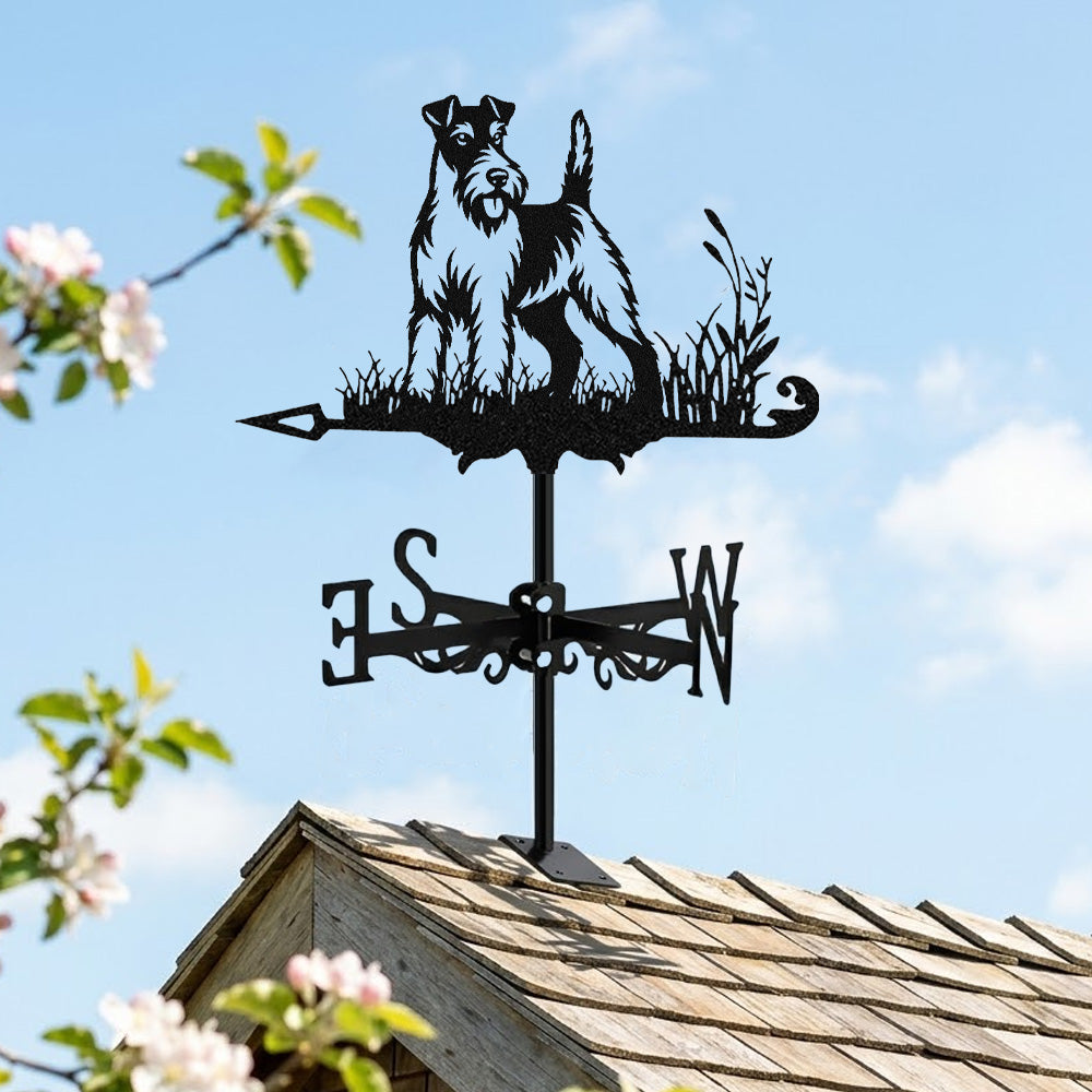 Wire fox terrier metal weather vane with directional arrows and mounting rod, outdoor roof and garden decoration