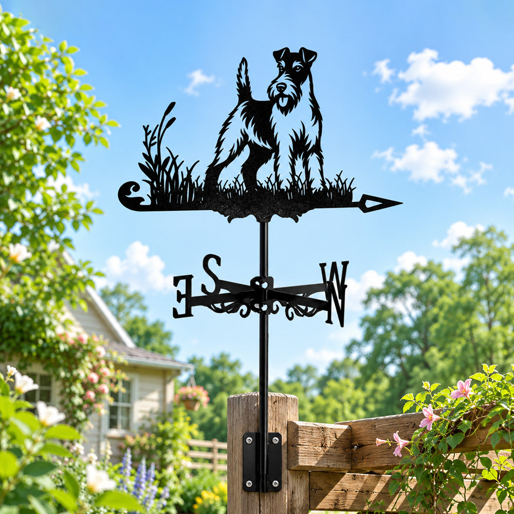 Wire fox terrier metal weather vane with directional arrows and mounting rod, outdoor roof and garden decoration