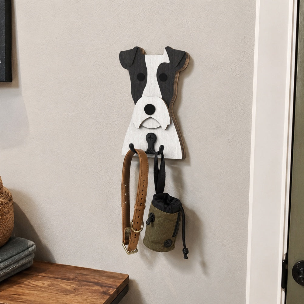 Wooden wire fox terrier dog wall hook key and leash holder for home entryway organizer