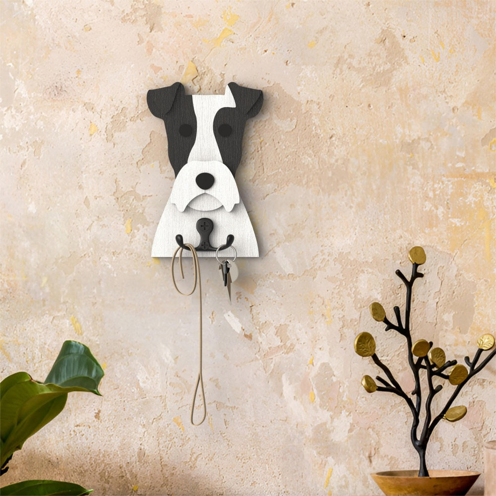 Wooden wire fox terrier dog wall hook key and leash holder for home entryway organizer