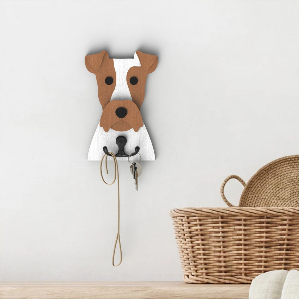 Wooden wire fox terrier dog wall hook key and leash holder for home entryway organizer