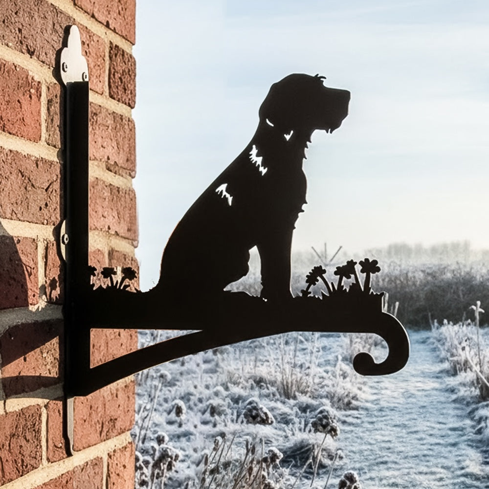 Wirehaired dog metal hanging basket bracket mounted on outdoor wall for plant decoration