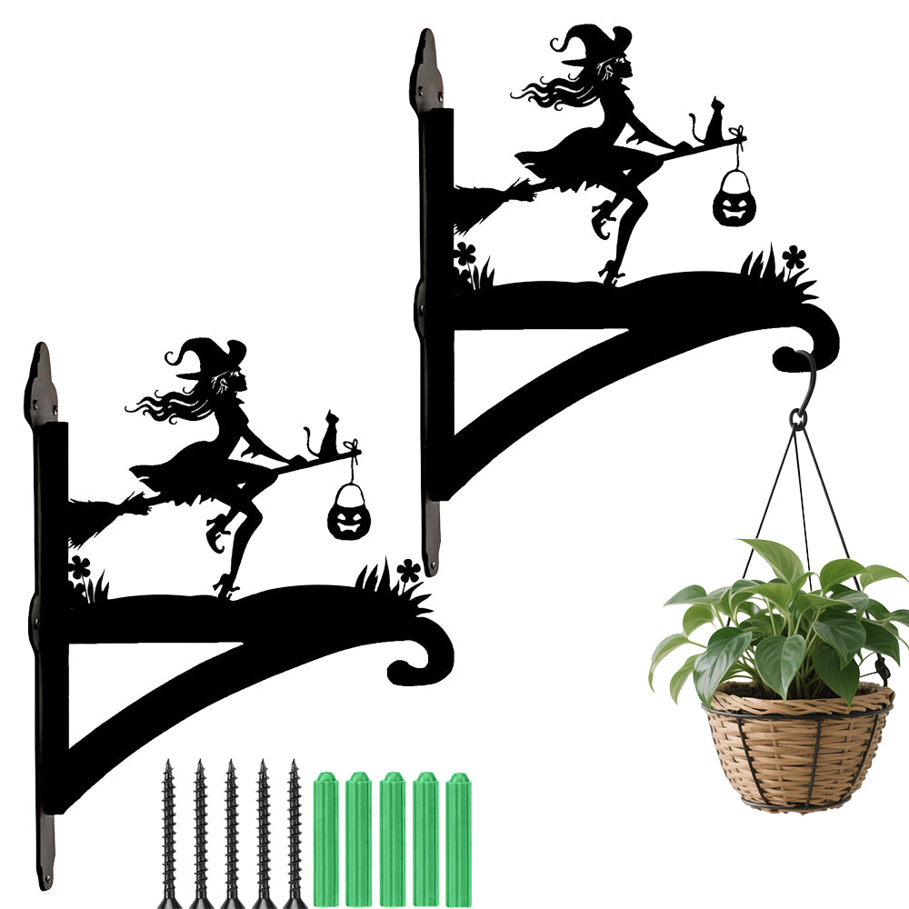 Witch and black cat metal hanging basket bracket mounted on outdoor wall for plant decoration