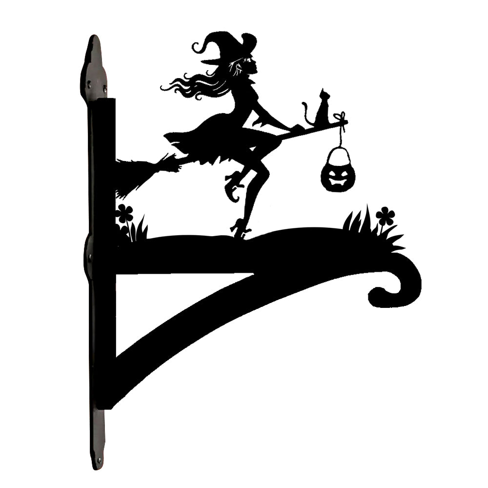 Witch and black cat metal hanging basket bracket mounted on outdoor wall for plant decoration