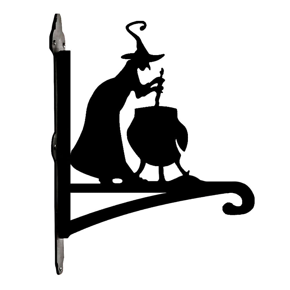 Witch and cauldron metal hanging basket bracket mounted on outdoor wall for plant decoration