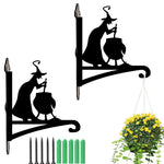 Witch and cauldron metal hanging basket bracket mounted on outdoor wall for plant decoration
