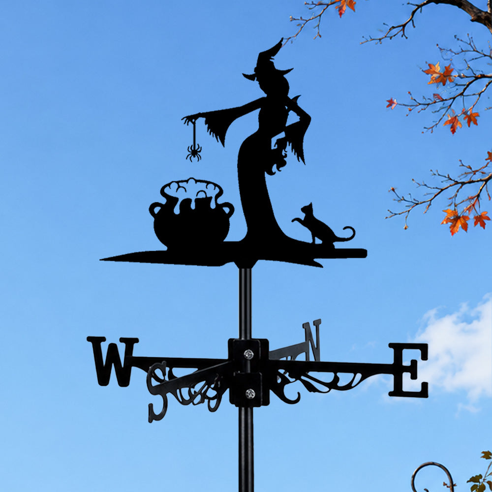 Witch brewing potion metal weather vane with directional arrows and mounting rod, outdoor roof and garden decoration