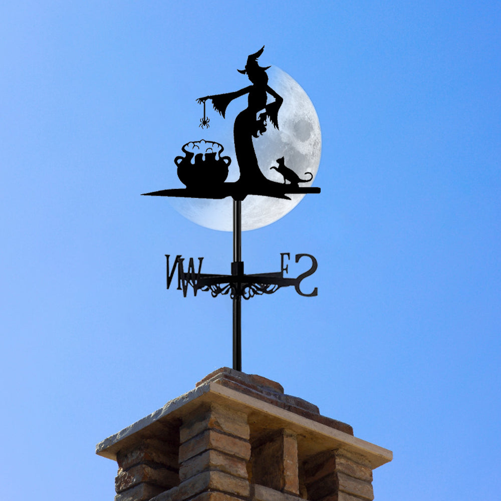 Witch brewing potion metal weather vane with directional arrows and mounting rod, outdoor roof and garden decoration