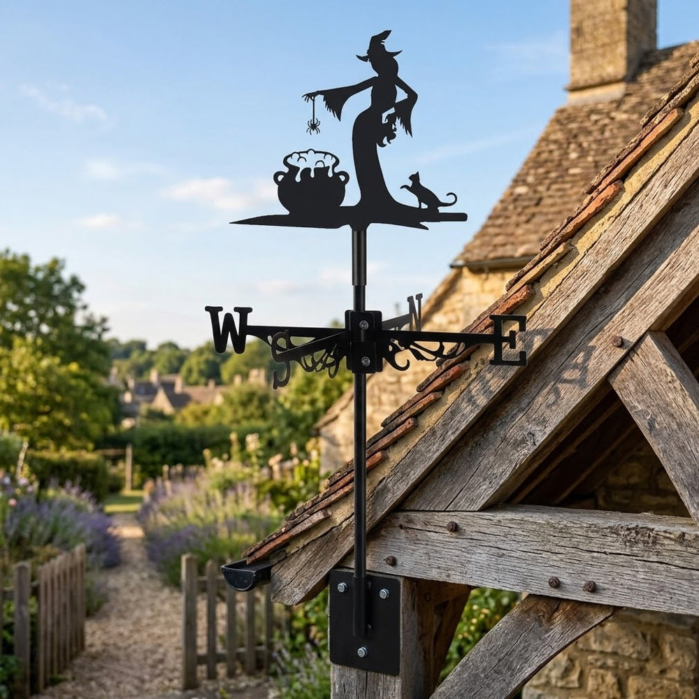 Witch brewing potion metal weather vane with directional arrows and mounting rod, outdoor roof and garden decoration