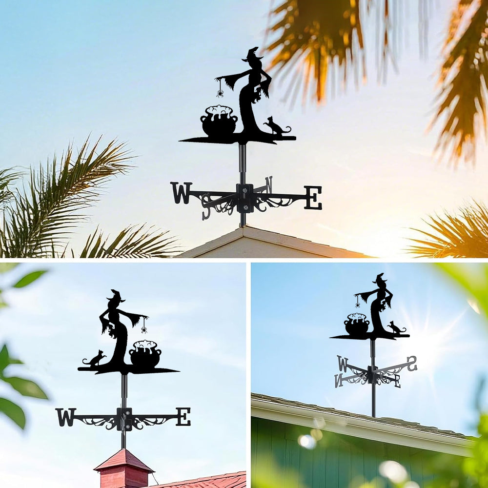 Witch brewing potion metal weather vane with directional arrows and mounting rod, outdoor roof and garden decoration