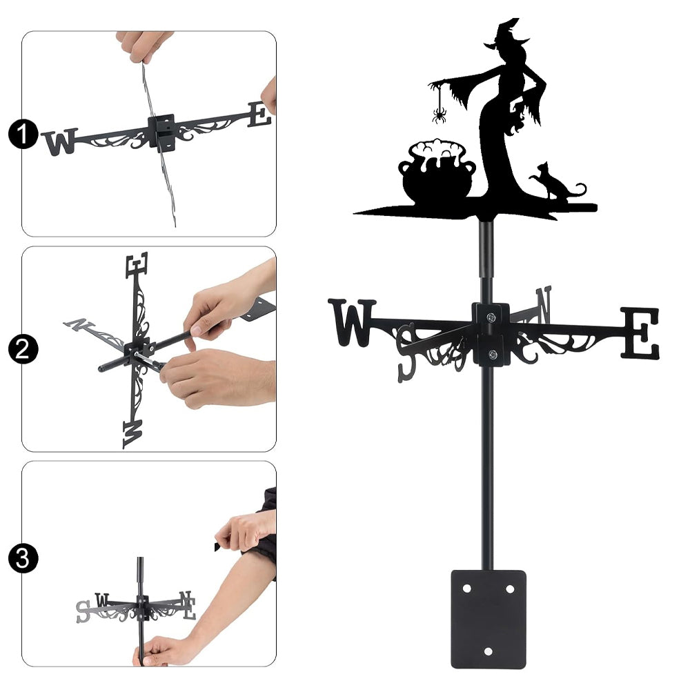Witch brewing potion metal weather vane with directional arrows and mounting rod, outdoor roof and garden decoration