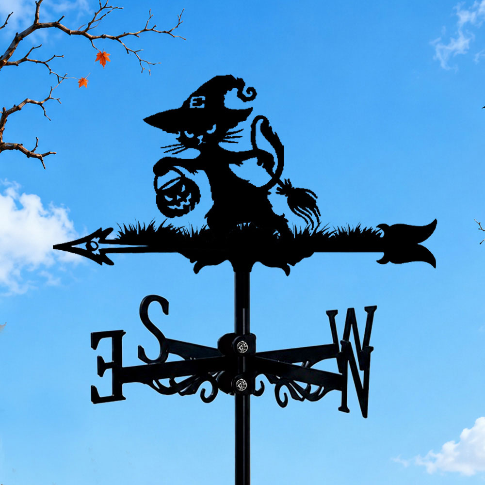 Witch cat metal weather vane with directional arrows and mounting rod, outdoor roof and garden decoration