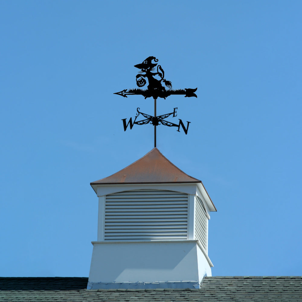 Witch cat metal weather vane with directional arrows and mounting rod, outdoor roof and garden decoration