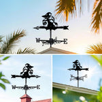 Witch cat metal weather vane with directional arrows and mounting rod, outdoor roof and garden decoration