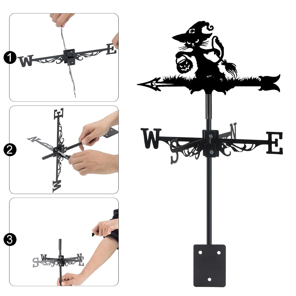 Witch cat metal weather vane with directional arrows and mounting rod, outdoor roof and garden decoration