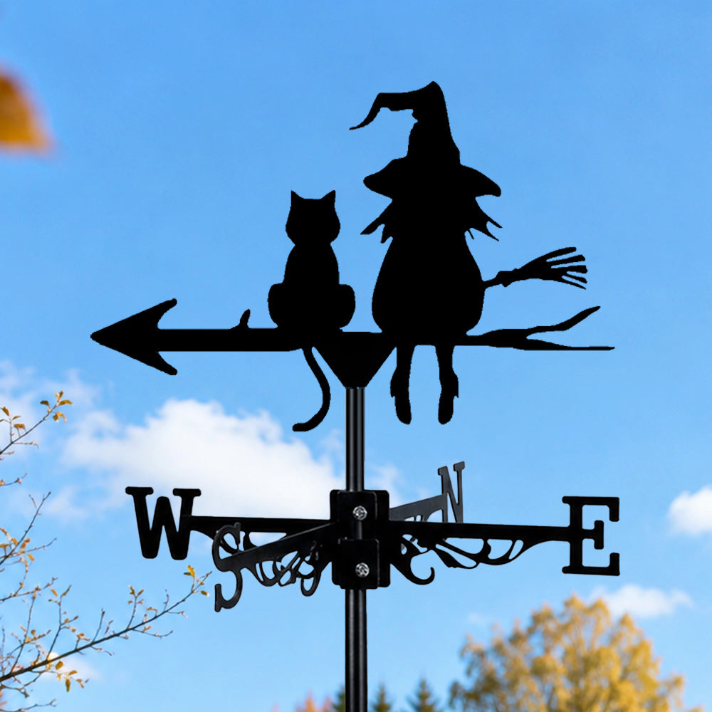 Witch cats metal weather vane with directional arrows and mounting rod, outdoor roof and garden decoration