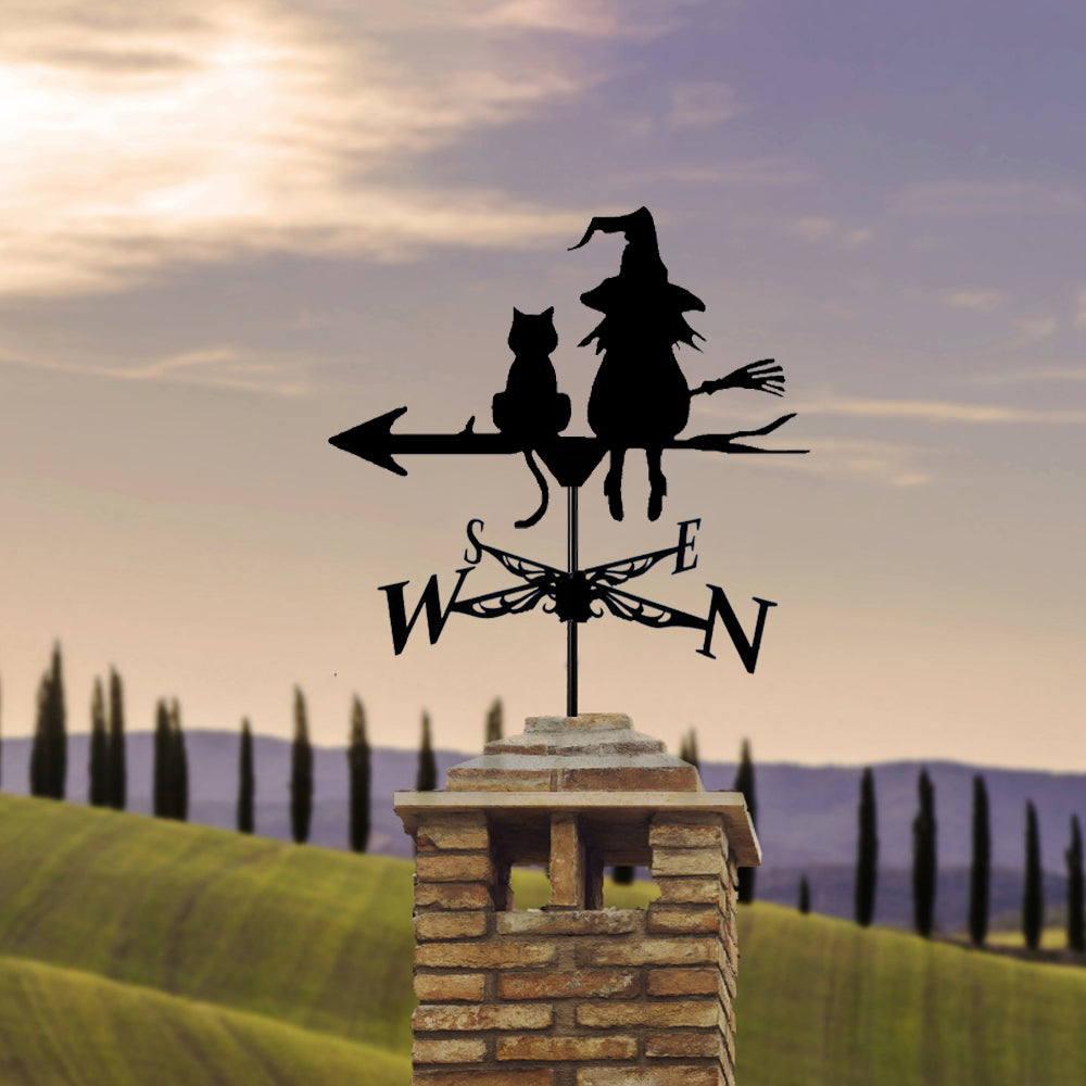 Witch cats metal weather vane with directional arrows and mounting rod, outdoor roof and garden decoration