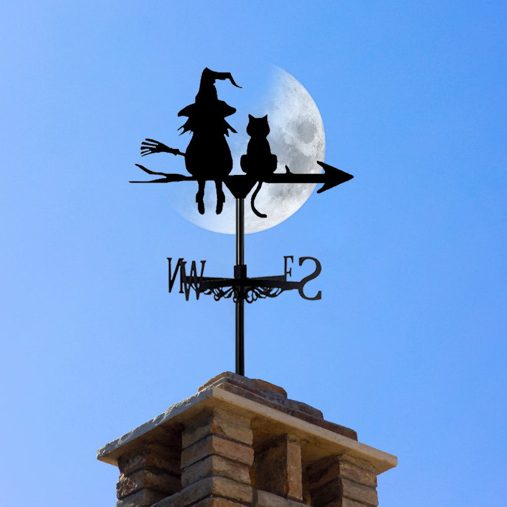 Witch cats metal weather vane with directional arrows and mounting rod, outdoor roof and garden decoration