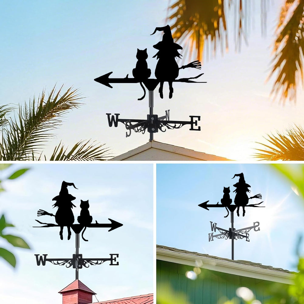 Witch cats metal weather vane with directional arrows and mounting rod, outdoor roof and garden decoration