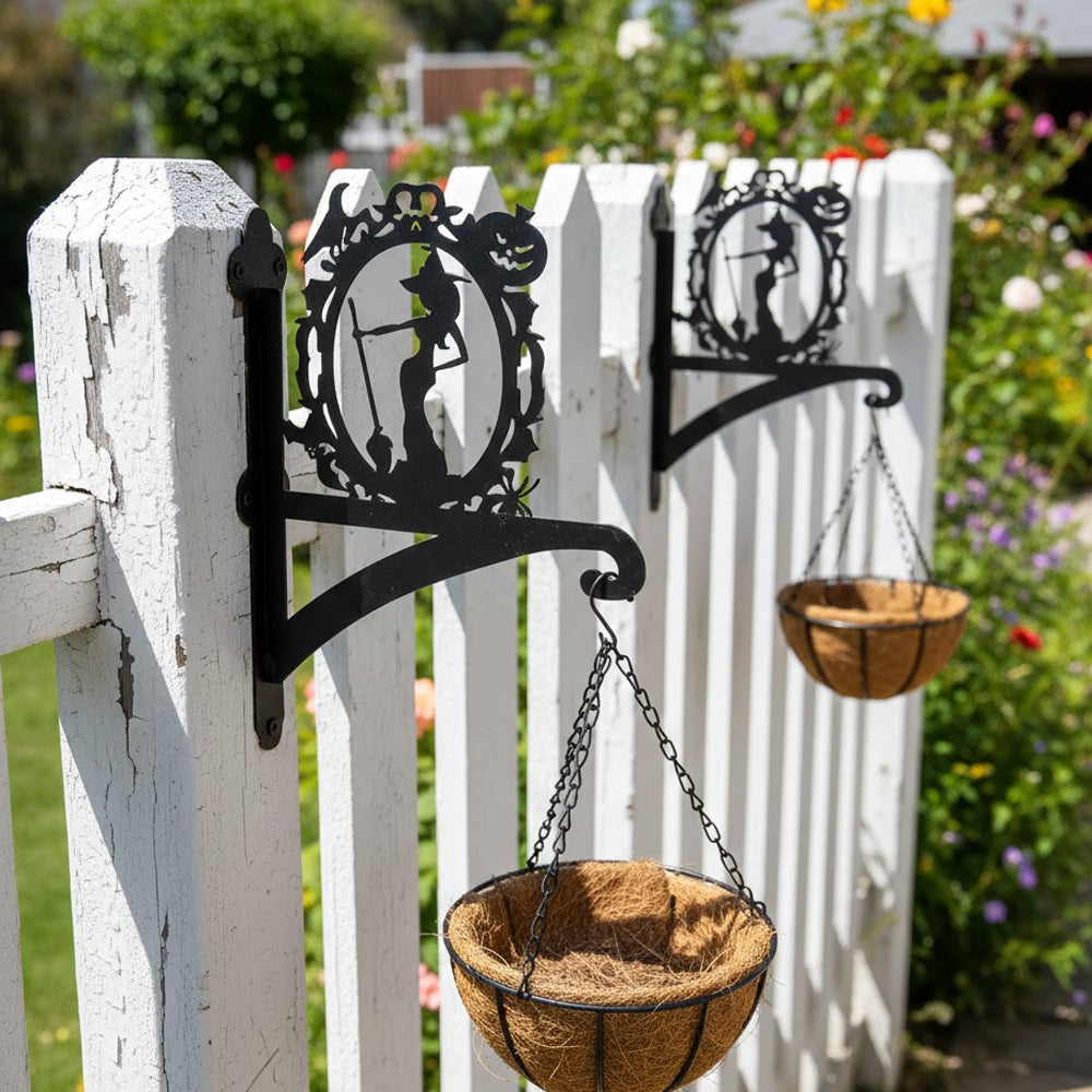 Witch portrait metal hanging basket bracket mounted on outdoor wall for plant decoration