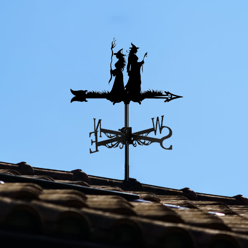 Witch sisters metal weather vane with directional arrows and mounting rod, outdoor roof and garden decoration