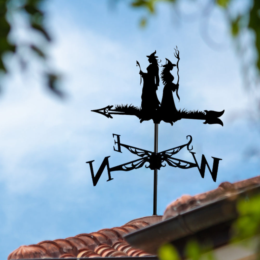 Witch sisters metal weather vane with directional arrows and mounting rod, outdoor roof and garden decoration