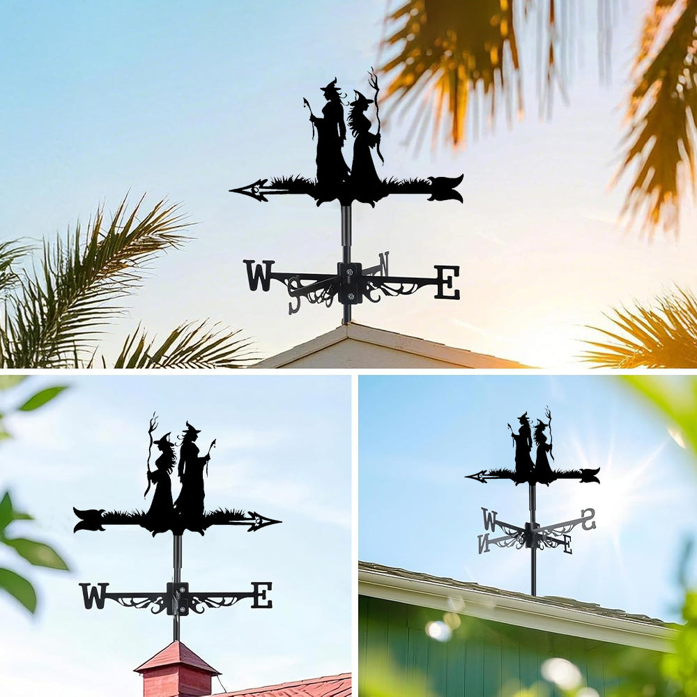 Witch sisters metal weather vane with directional arrows and mounting rod, outdoor roof and garden decoration