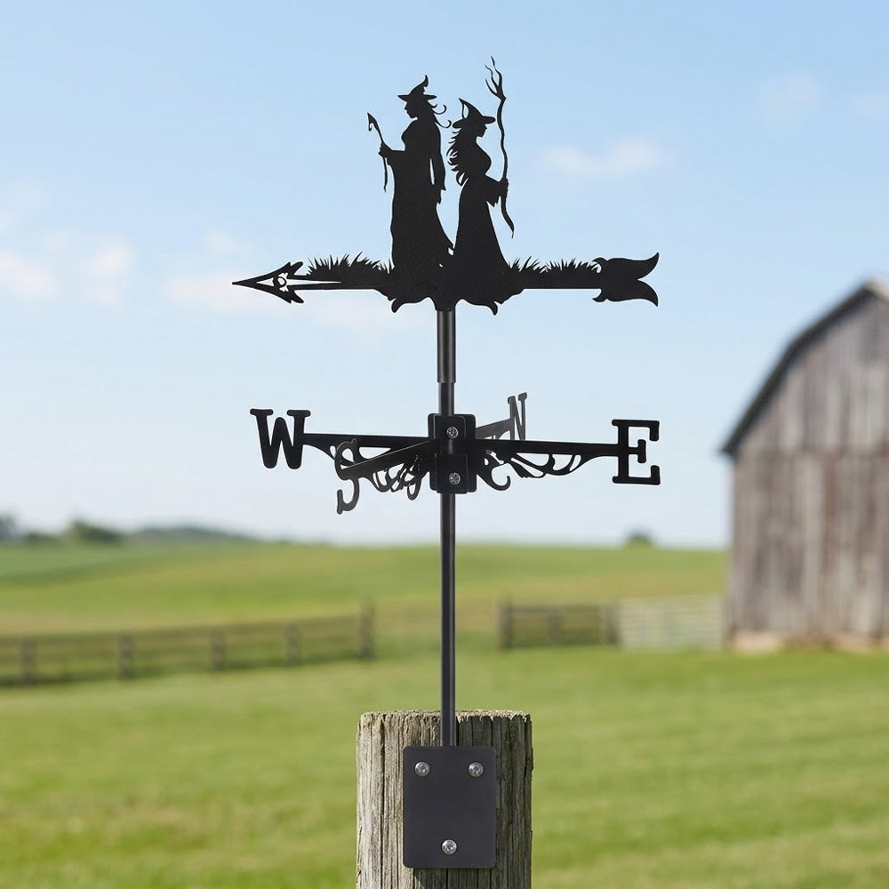 Witch sisters metal weather vane with directional arrows and mounting rod, outdoor roof and garden decoration