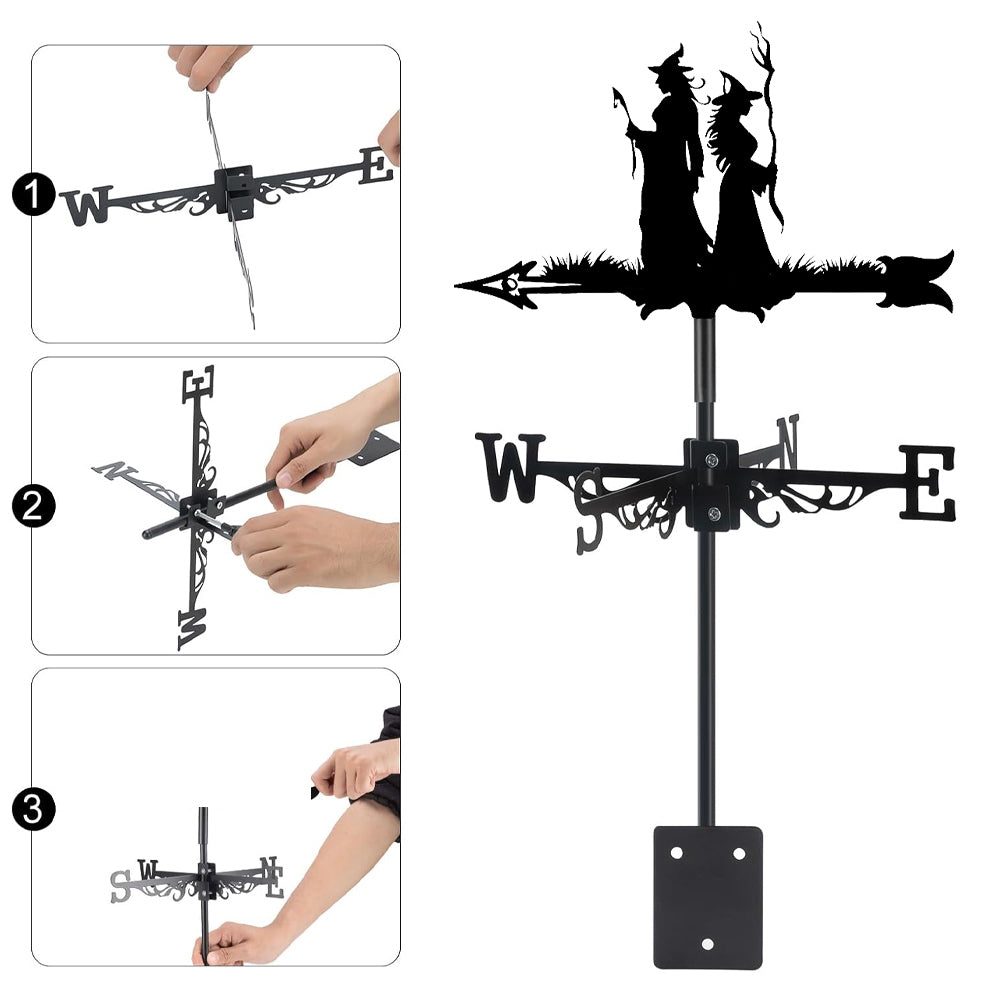 Witch sisters metal weather vane with directional arrows and mounting rod, outdoor roof and garden decoration
