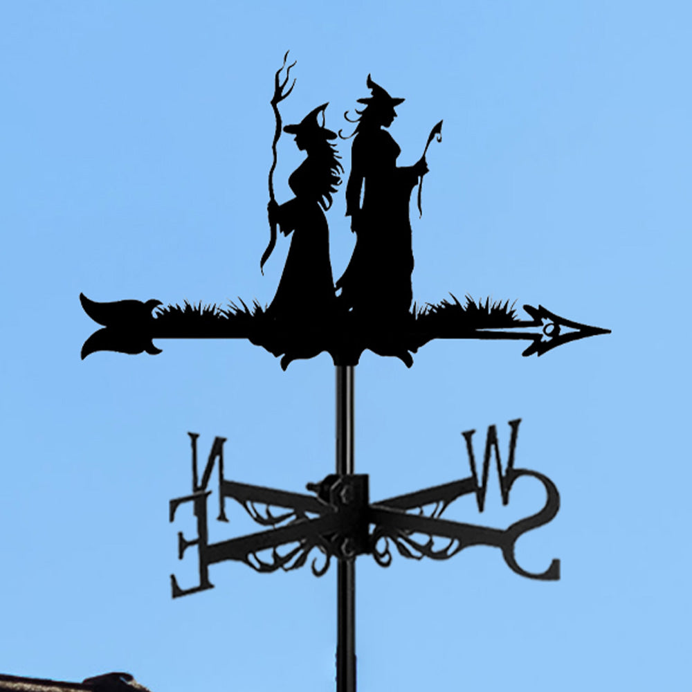 Witch sisters metal weather vane with directional arrows and mounting rod, outdoor roof and garden decoration