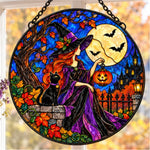 Witch with black cat Halloween stained glass suncatcher window hanging, suitable for home and garden decoration