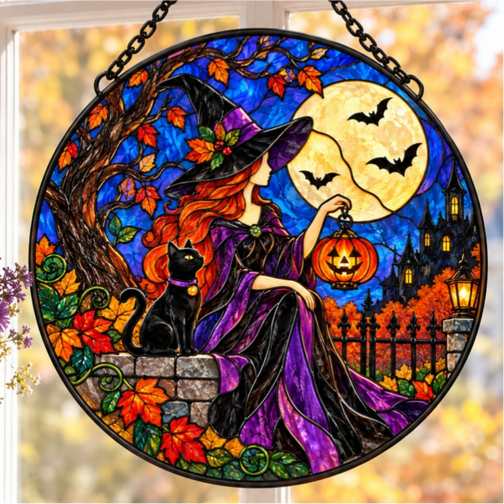 Witch with black cat Halloween stained glass suncatcher window hanging, suitable for home and garden decoration