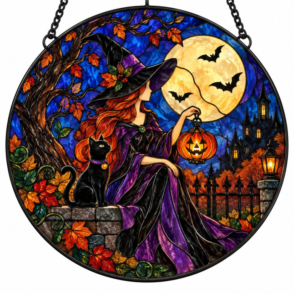 Witch with black cat Halloween stained glass suncatcher window hanging, suitable for home and garden decoration