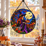 Witch with black cat Halloween stained glass suncatcher window hanging, suitable for home and garden decoration