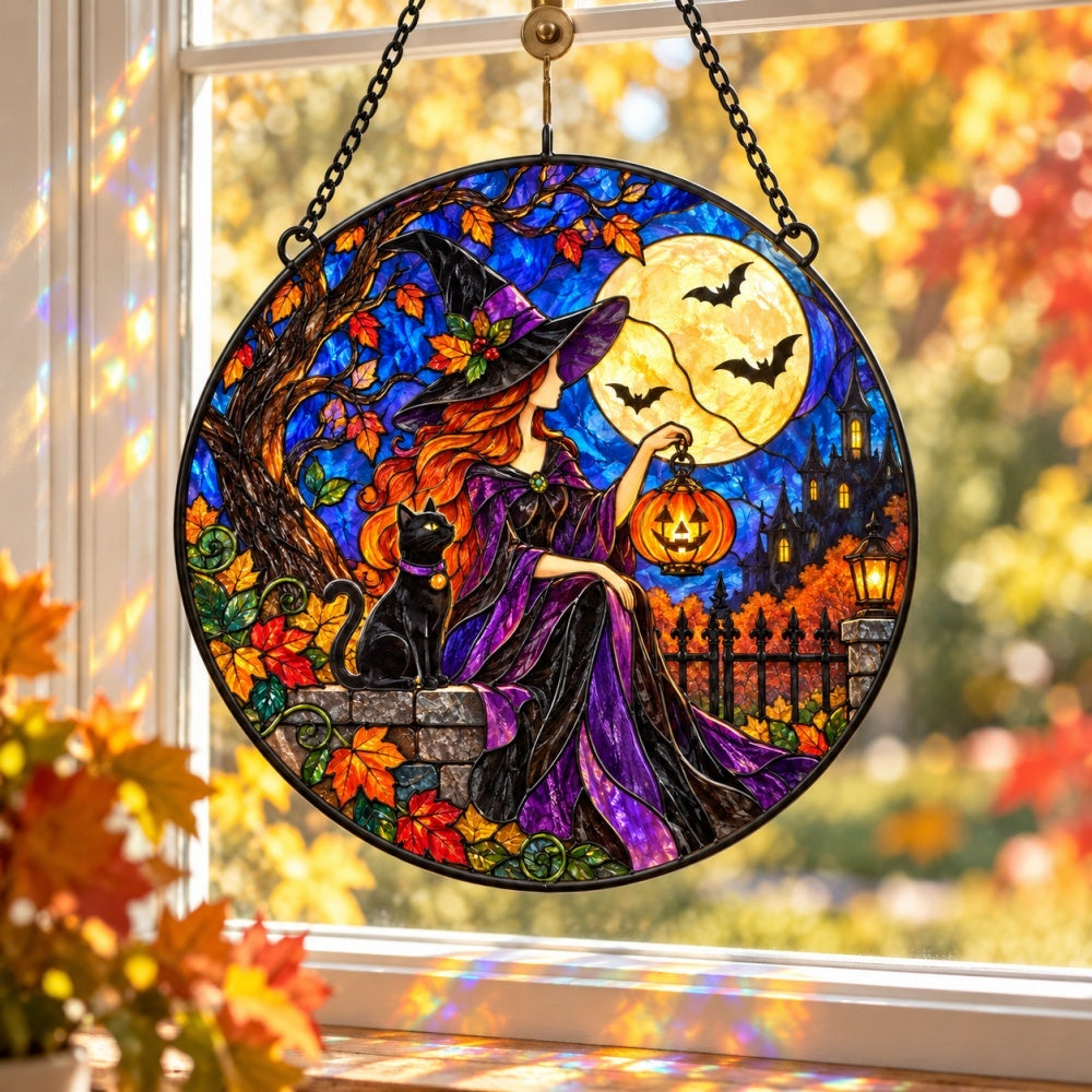 Witch with black cat Halloween stained glass suncatcher window hanging, suitable for home and garden decoration