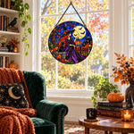 Witch with black cat Halloween stained glass suncatcher window hanging, suitable for home and garden decoration
