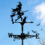 Witch with black cat metal weather vane with directional arrows and mounting rod, outdoor roof and garden decoration