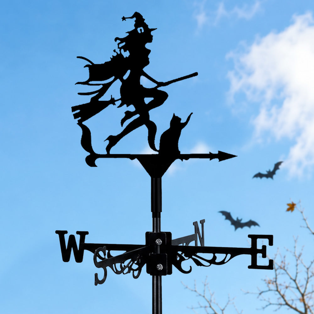Witch with black cat metal weather vane with directional arrows and mounting rod, outdoor roof and garden decoration