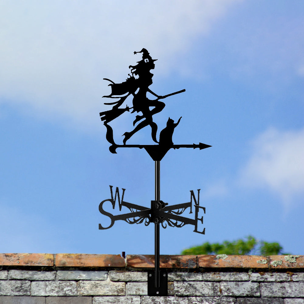 Witch with black cat metal weather vane with directional arrows and mounting rod, outdoor roof and garden decoration