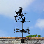 Witch with black cat metal weather vane with directional arrows and mounting rod, outdoor roof and garden decoration