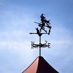 Witch with black cat metal weather vane with directional arrows and mounting rod, outdoor roof and garden decoration