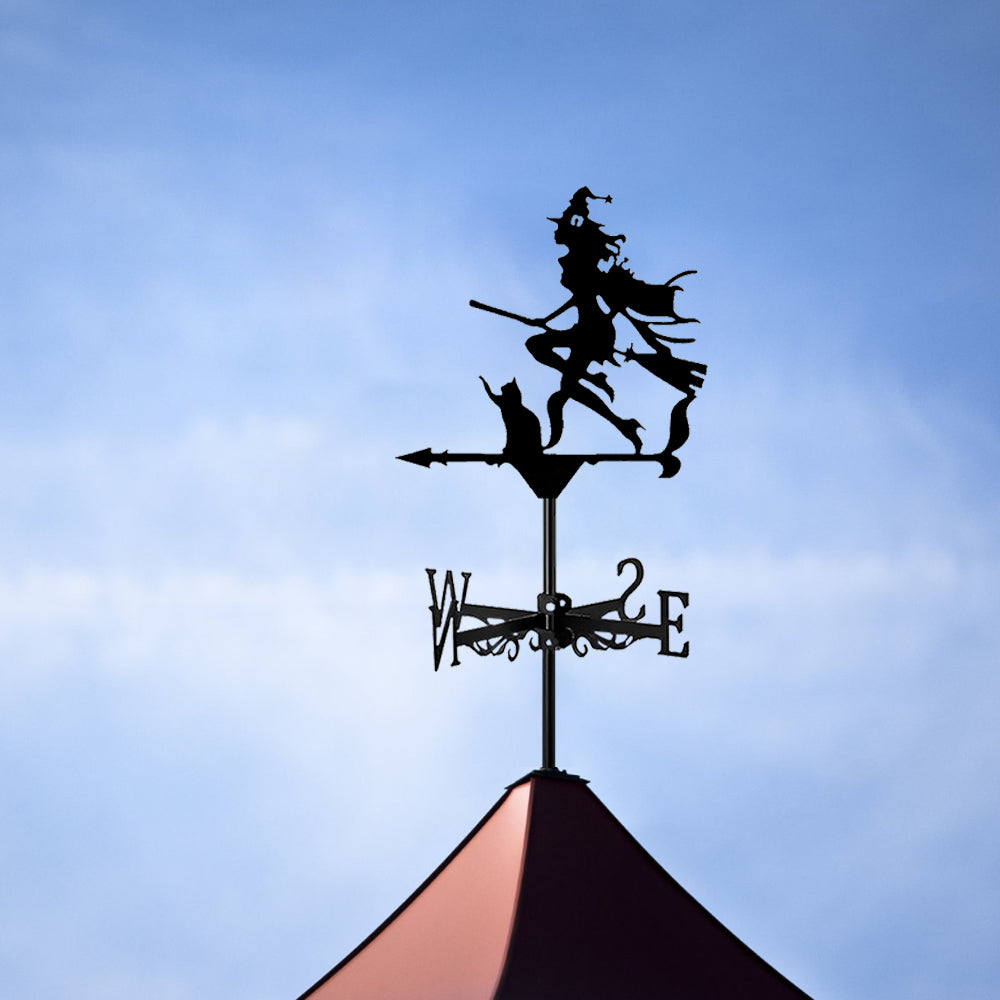 Witch with black cat metal weather vane with directional arrows and mounting rod, outdoor roof and garden decoration