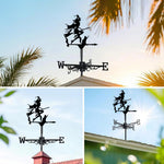 Witch with black cat metal weather vane with directional arrows and mounting rod, outdoor roof and garden decoration