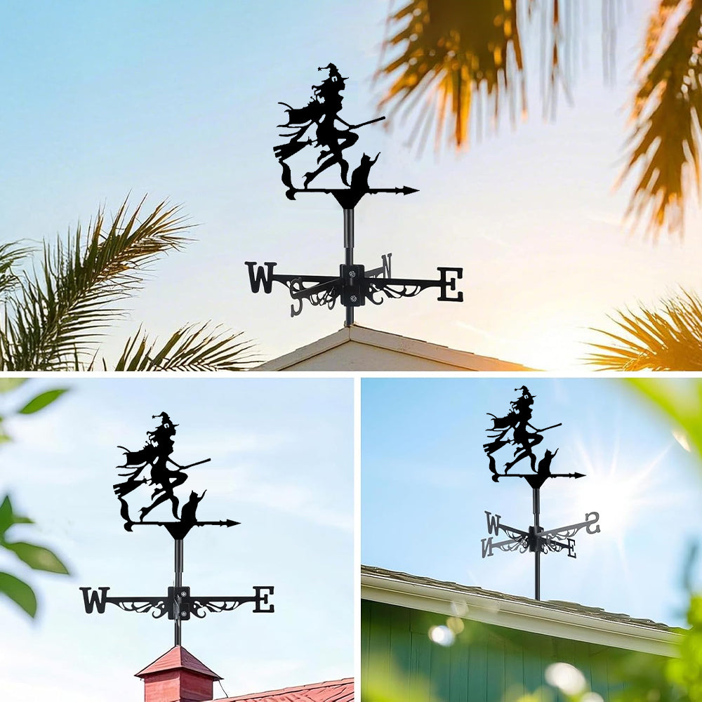 Witch with black cat metal weather vane with directional arrows and mounting rod, outdoor roof and garden decoration